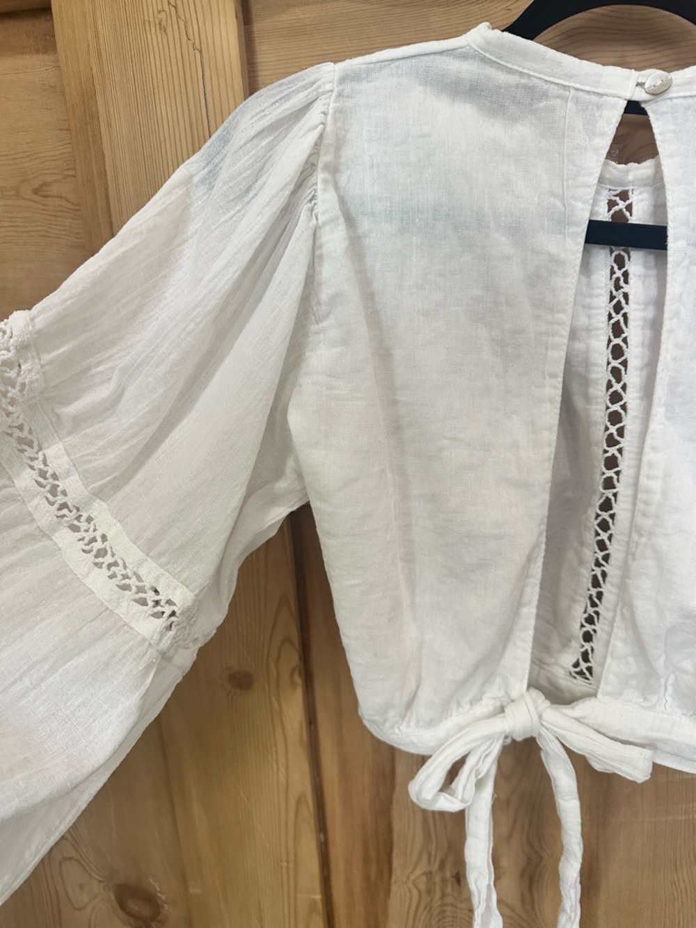 Jen's Pirate Booty White Lace-Trim Peasant Tie Crop Blouse - Picture 5 of 10